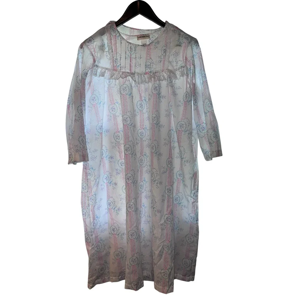 Heiress Vintage Floral Ribbon Stripe Nightgown White Pink Large Made in‎ USA NWT
